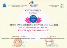 Khách sạn Grand và Palace nhận giải thưởng khách sạn 4 sao hàng đầu Việt Nam